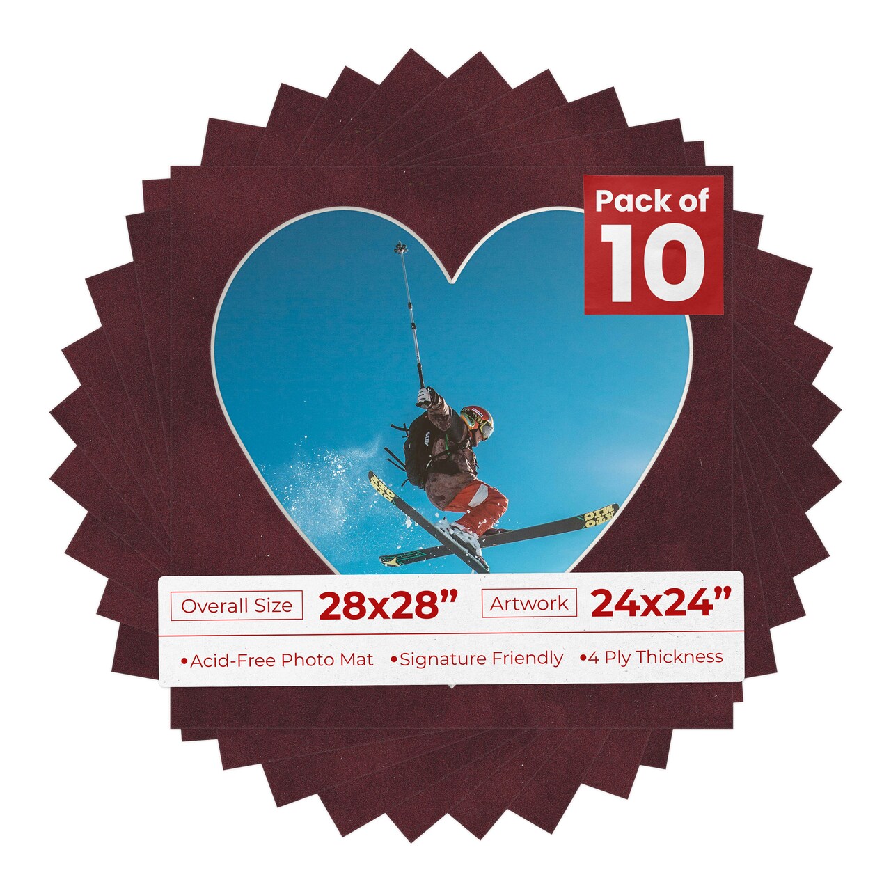 Dark Red Suede Mat Board for 28x28 Frames - Heart Opening for 24x24 Photos